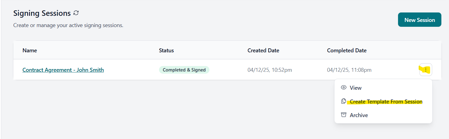 Session ellipsis menu with Create Template from Session option