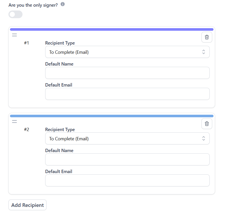 Recipient configuration panel