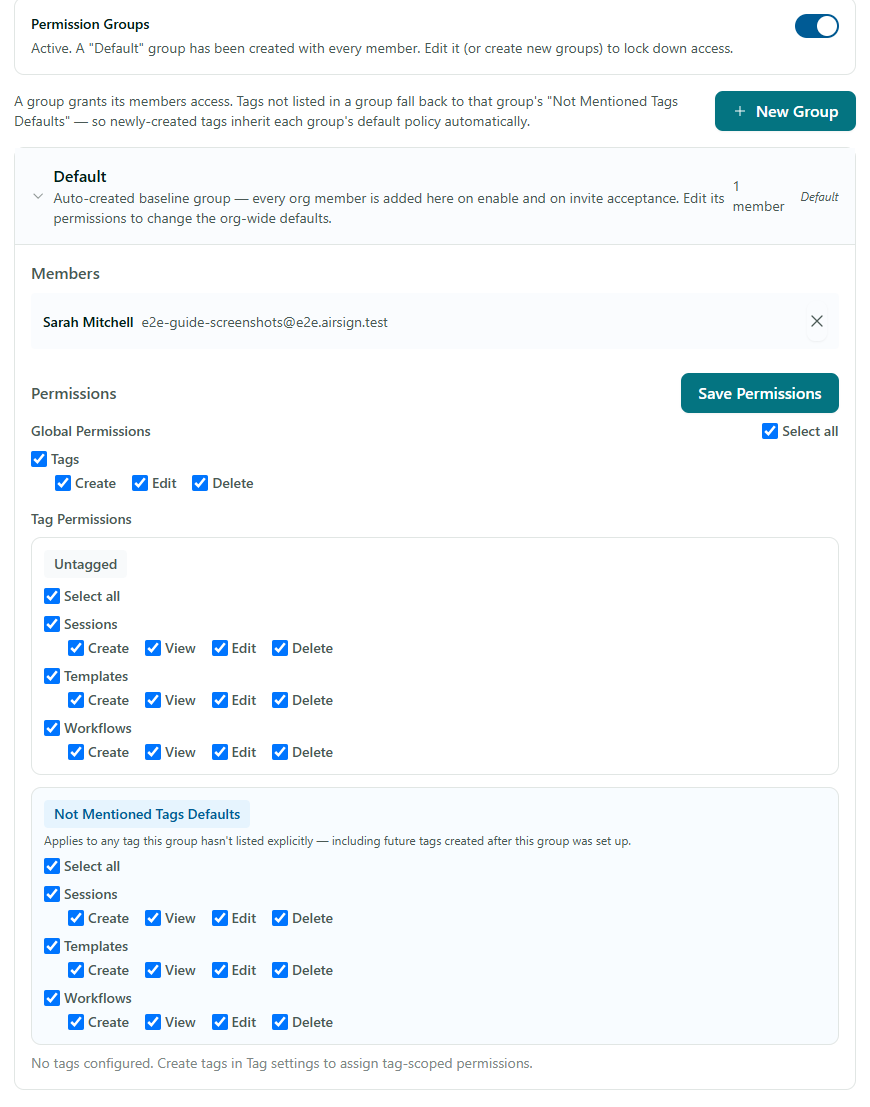 Permission Groups settings with a group's Global and Tag Permissions