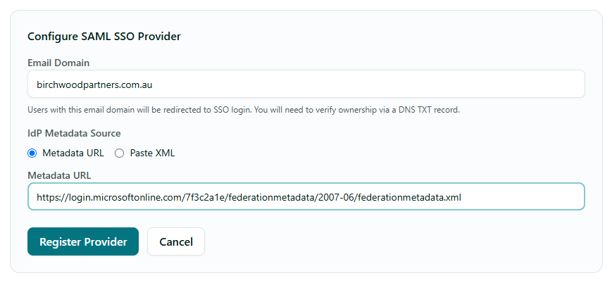 Configure SAML SSO Provider form with Email Domain and Metadata URL