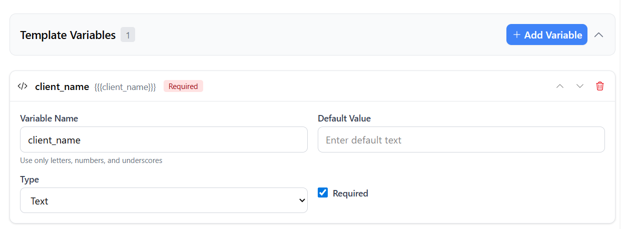 Template variables panel with multiple variables configured
